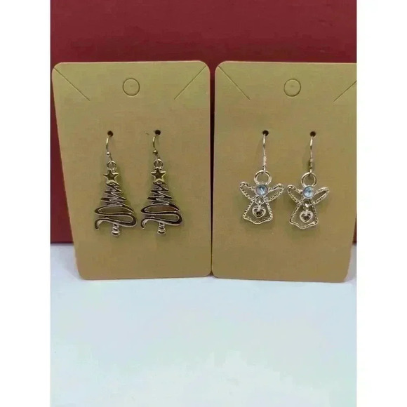 Holiday Earring Duo Christmas Tree Angel Dangle Metallic Gem Embellished Womens - Picture 1 of 4